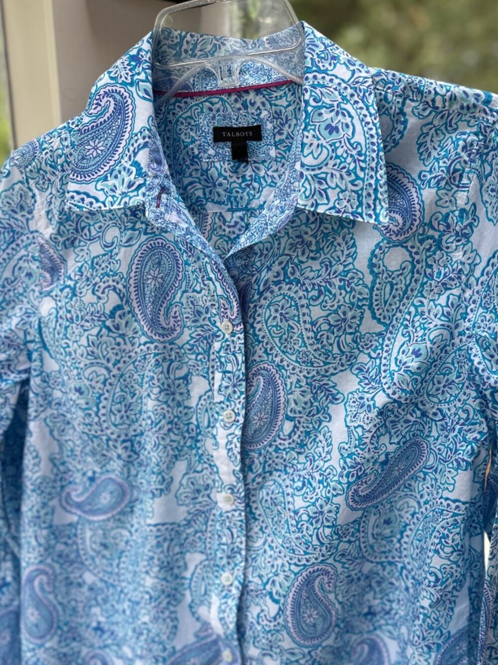 Talbots Paisley 100% Cotton Button Front Shirt Aqua Blue Purple Womens Size M